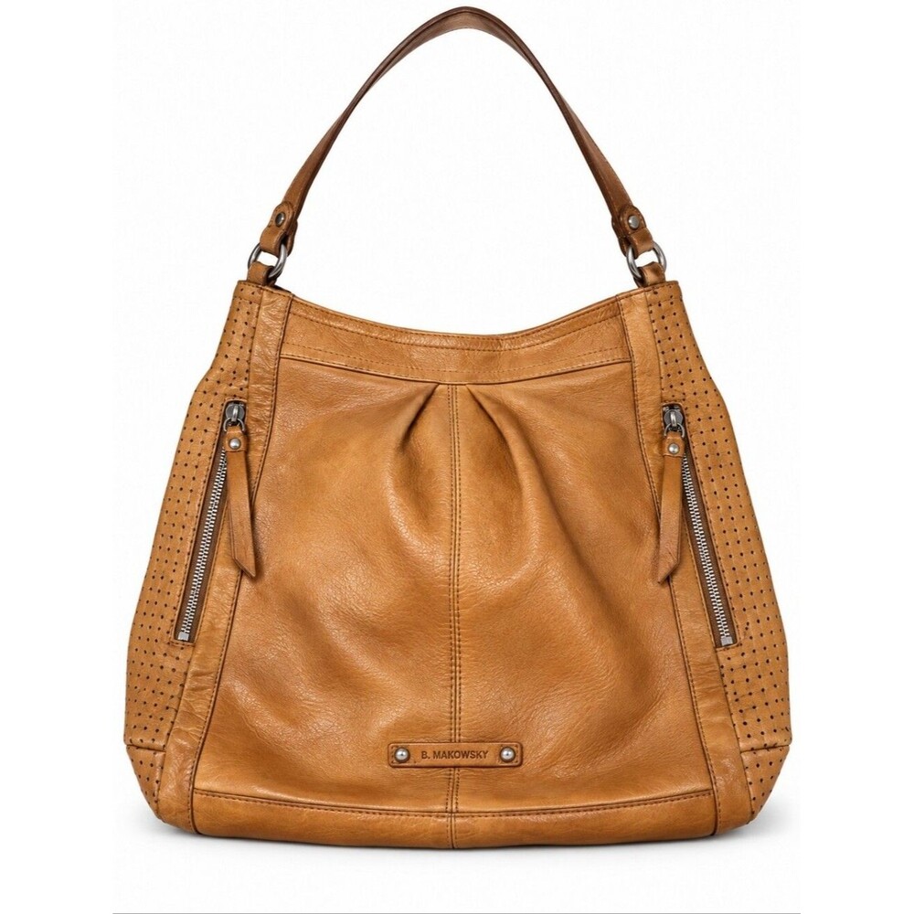 B. Makowsky women's camel brown leather shoulder bag handbag purse designer